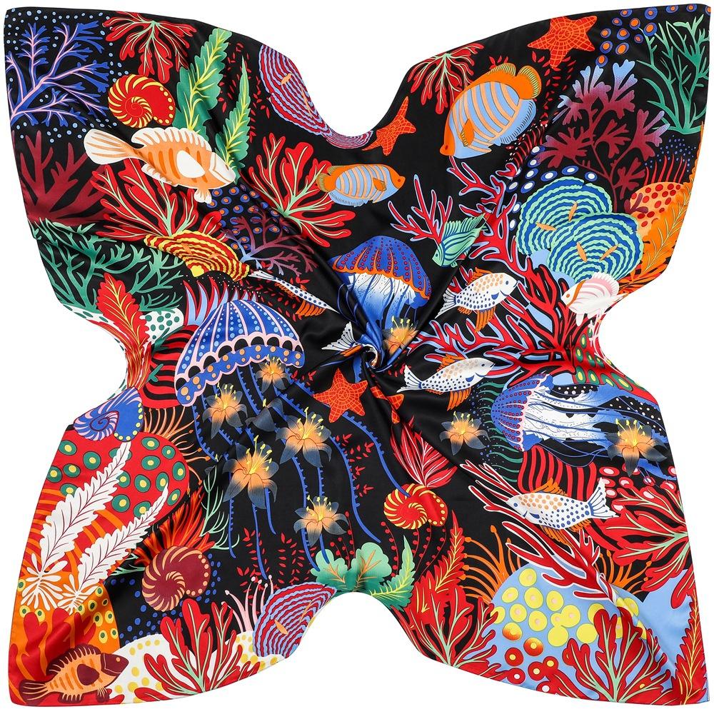 Silk Scarf Women Large Shawls Dream Underwater World Stoles Square Bandana Luxury Kerchief Hijab Scarf Female Foulards 130CM