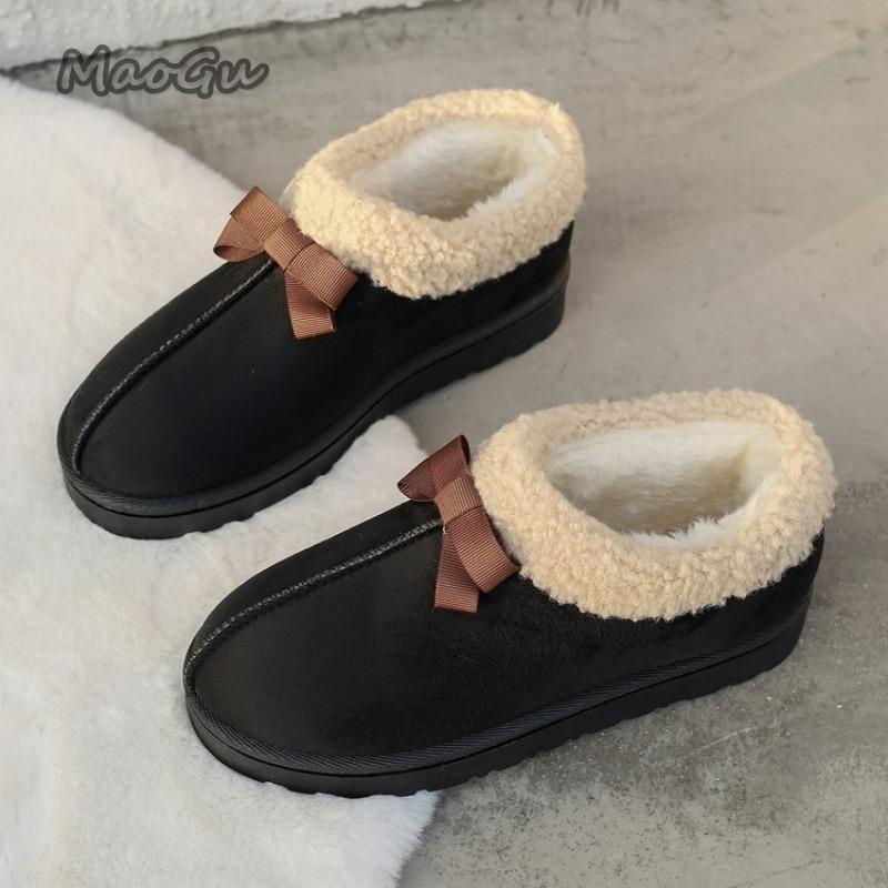 Autumn Winter Women's Footwear Plush Snow Boots Bow-tie Suede Warm Slip On Round Toe Boots Non-slip Thick Bottom Women Shoes