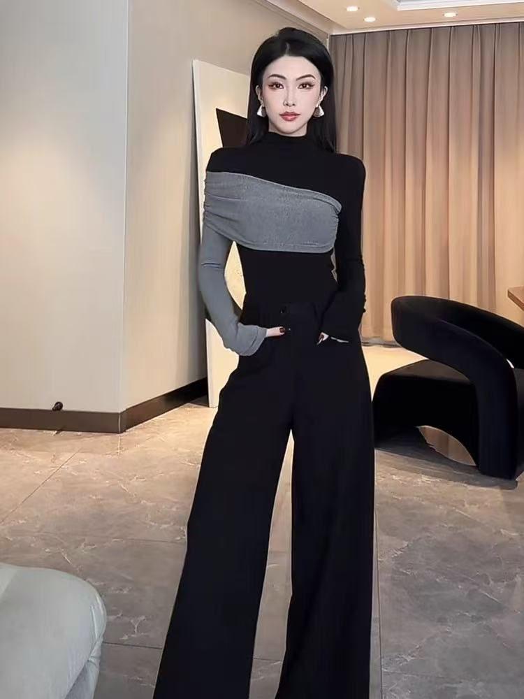 Korean Style Color Block Turtleneck Long Sleeve Women's Top - 2025 Autumn/Winter Collection