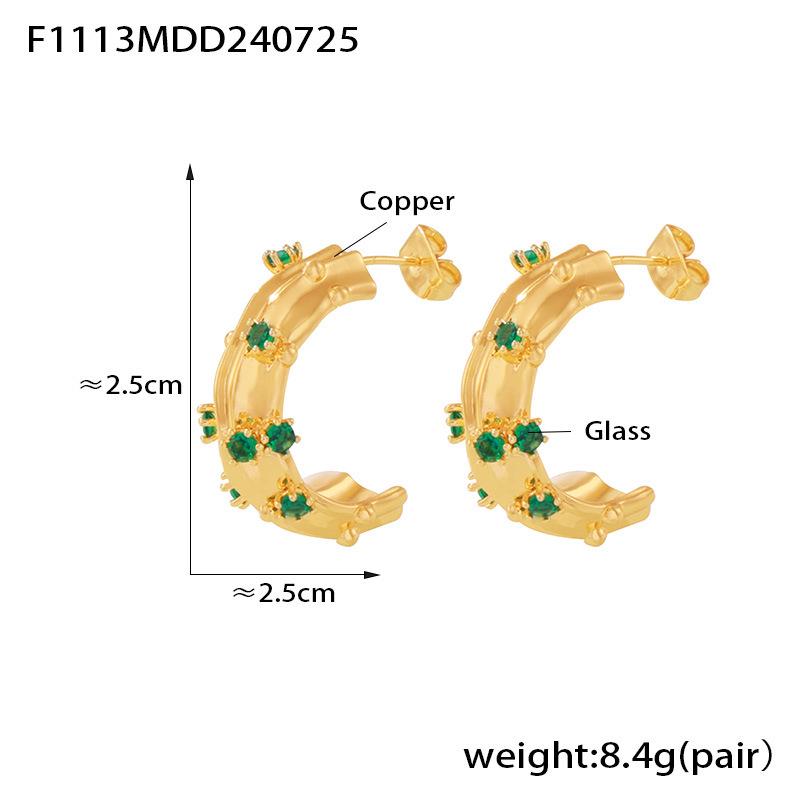 18k Gold-Plated C-Shaped Earrings with Inlaid Green Glass Stone