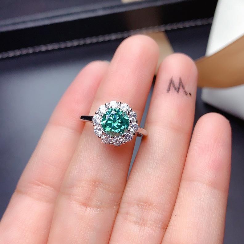 1 Carat Simulated Blue-Green Moissanite Jewelry Set: Open Ring, Necklace Pendant, Stud Earrings with Eight Hearts and Arrows Design In PT950 Plating.