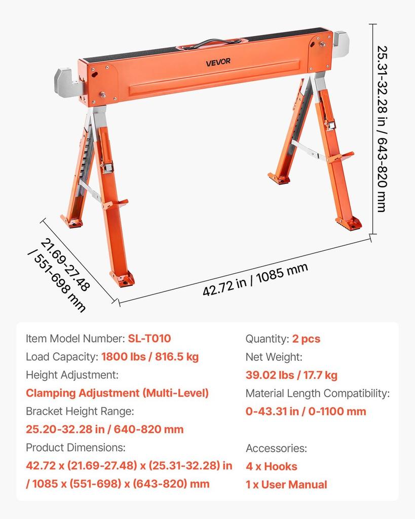 Saw Horses, 2 Pack Folding Work Horses, 816.5 Kg Load Capacity Sawhorse with Heavy Duty Legs, Adjustable Height Saw Horse with Non-Slip Foot Pads, for