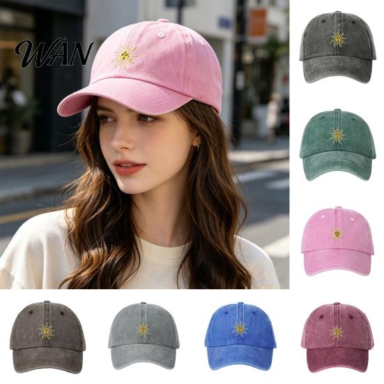 Breathable Baseball Hat Embroidery Sun Pattern Hat, Adjustable Back Buckle Retro Distressed Style Cap, Washed Cotton Fabric Outdoor Sunshade Cap Soft