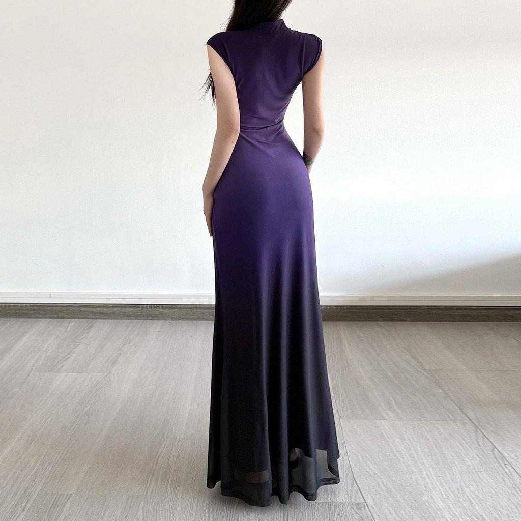 Retro Wisteria Floral Stand Collar Cheongsam Dress - Chinese-Style Slim Fit