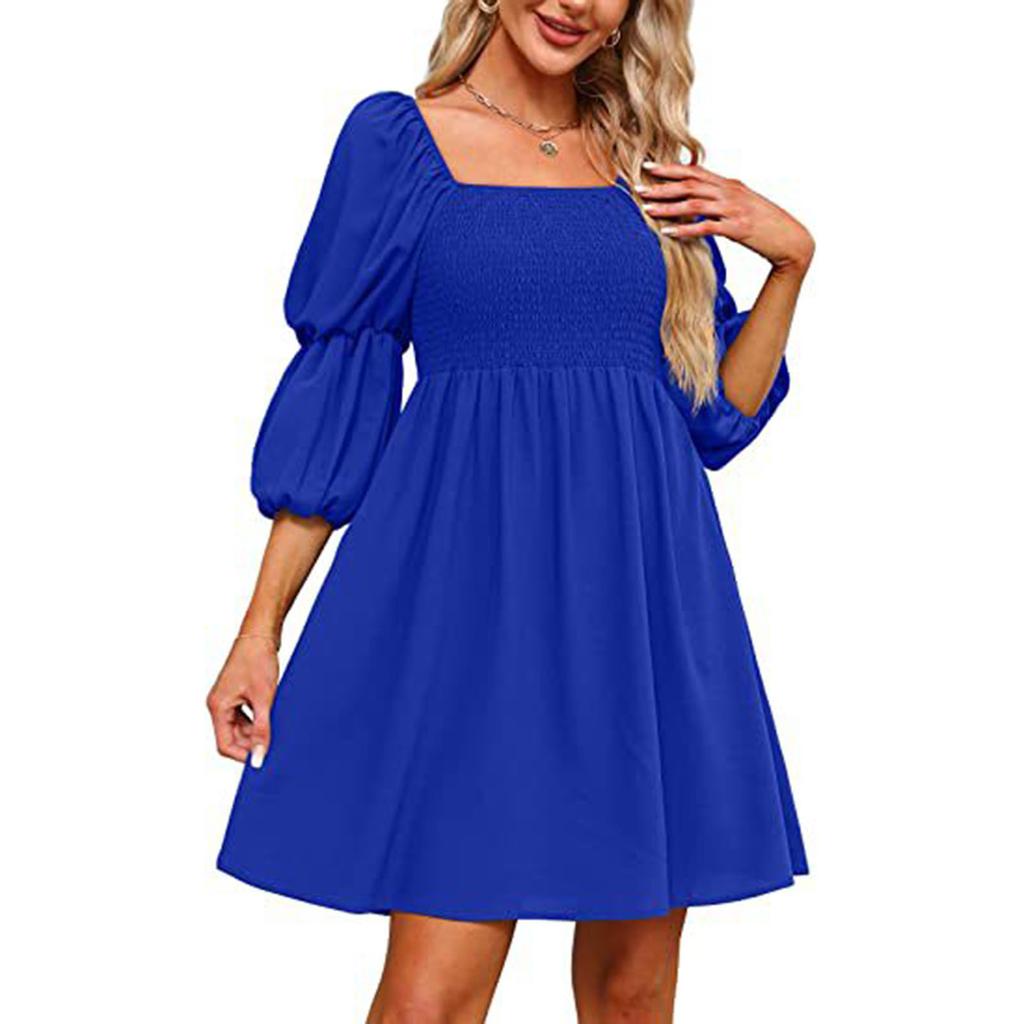 Women's Fashion Square Neck Puff Sleeve Pleated Backless Dress