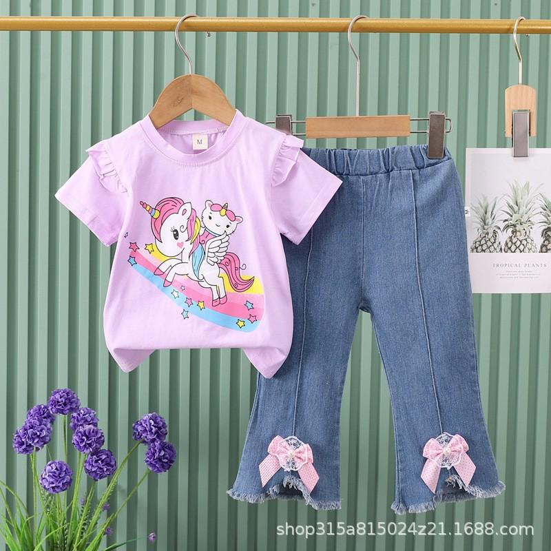 Girls Summer Cute Cartoon Short Sleeve Tee And Bow Knot Jeans Two Piece Set Casual Outfit