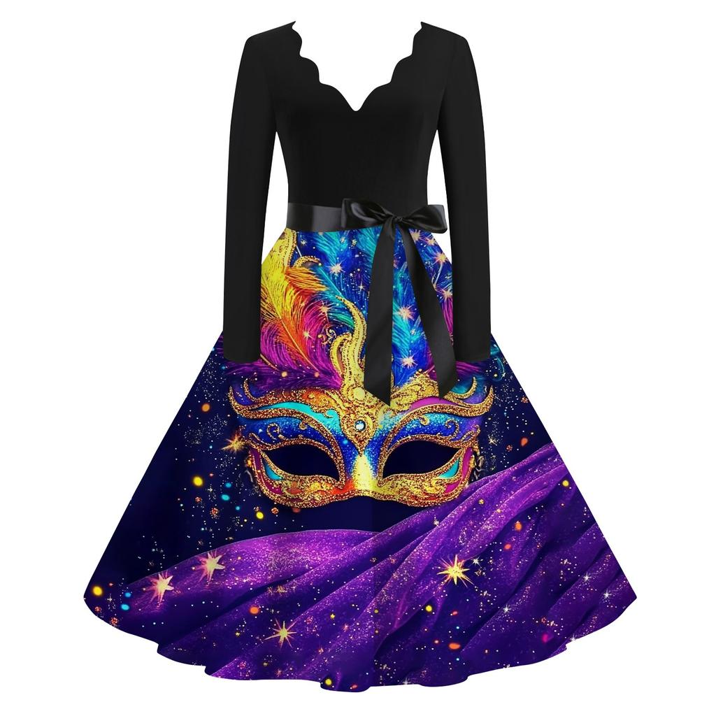 Women's Casual Fashion V-Neck Long Sleeve Carnival Print Vintage  Dress