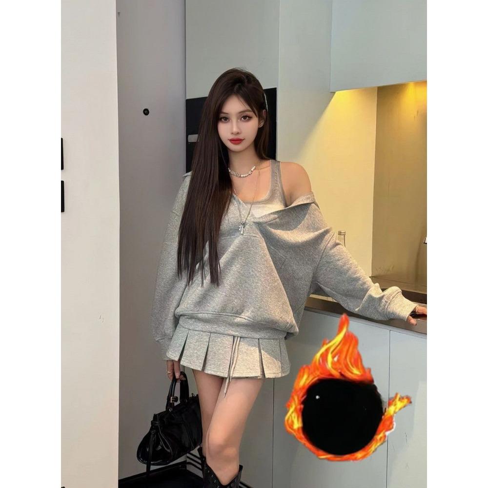 With Hat Hoodies Women Korean Fashion Pullover Solid Simple Leisure All-match High Street Loose Harajuku College Prevalent Ins Women Suit