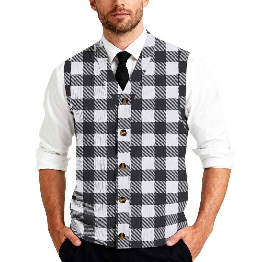 Men's Striped Plaid Print Tank Top Knitted Button,Down Shirt | Sleeveless Casual Button,Up Vest With Collar For Daily & Layering
