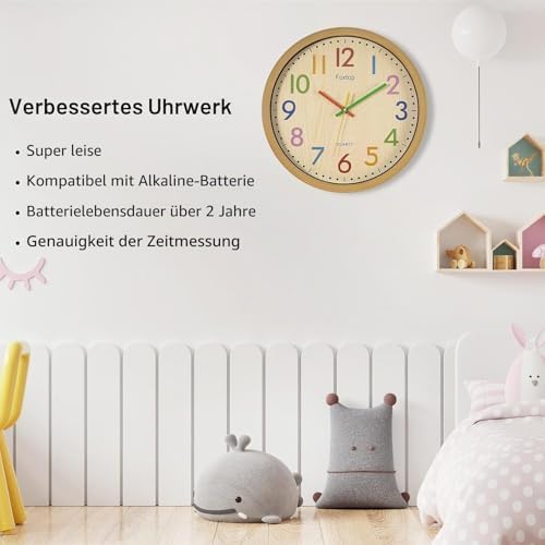 Foxtop Kids Wall Clock Silent No Tick Modern Colorful 30cm for Boys Girls Bedroom Kitchen Classroom