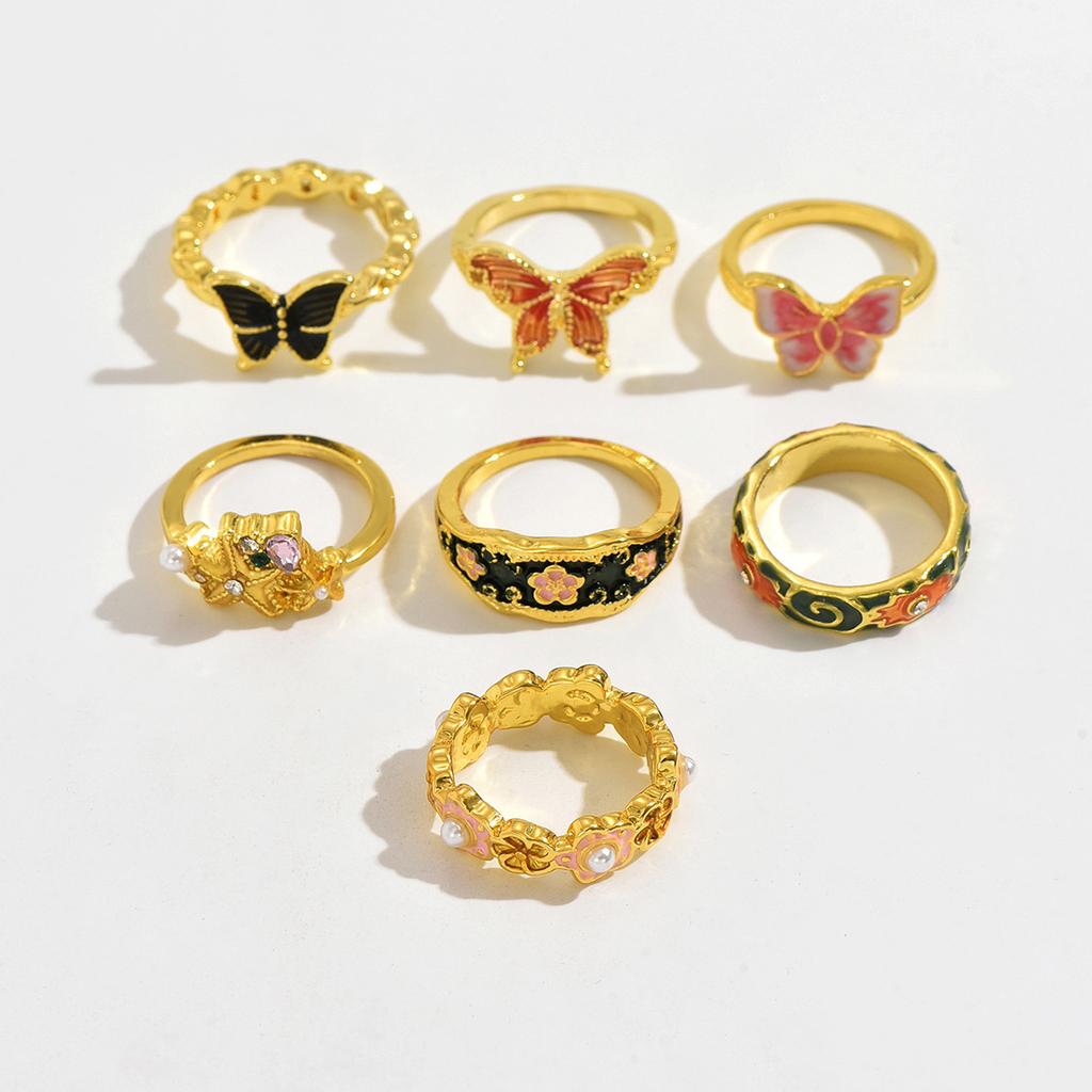 Cross-border Retro Colorful Ethnic Butterfly Flower Rings, Unique Oil Dropped Minimalist Design Finger Rings