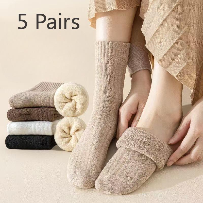 

5 пар толстых, влагопоглощающих и теплых вязаных носков-гольфов средней длины для женщин на осень и зиму, однотонные носки для зимы 5 pairs