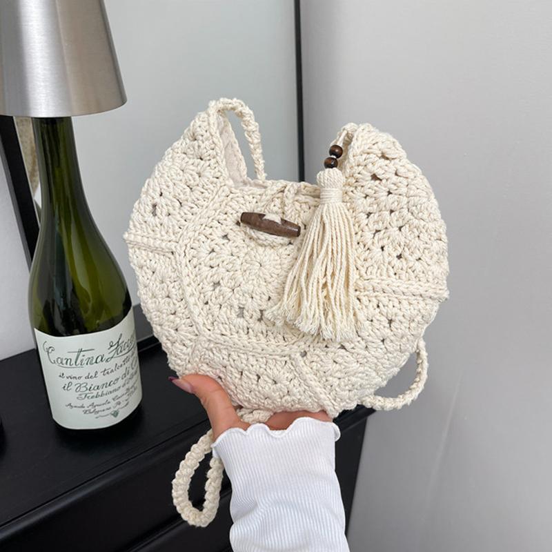 

Hand Knitted Bag Women s Lightweight French Artistic Handbag Bucket Woven Shoulder Bag Semicircle Handheld Bag CLE 23x2x20cm білий