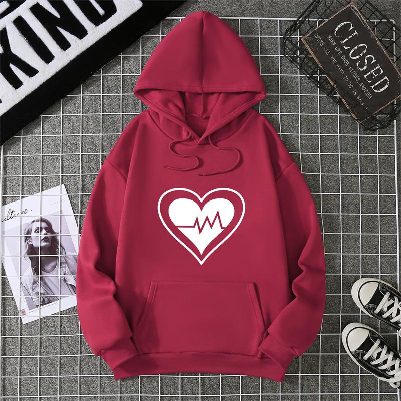 Women's Fleece Lined Hoodie Solid Color Heart Print Kangaroo Pocket Drawstring Printed Hooded Sweatshirt Streetwear