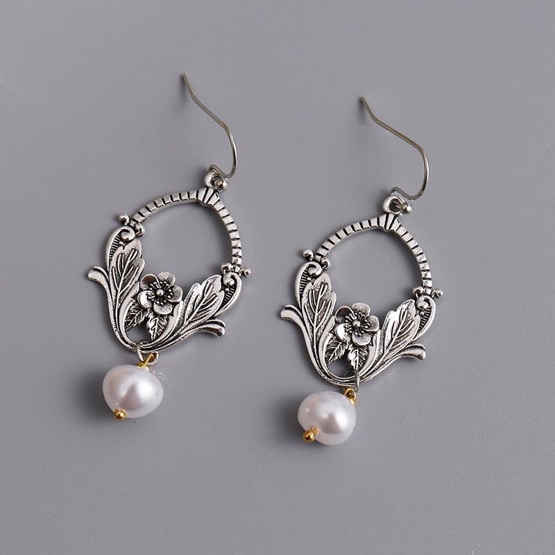 Imitation Pearl Dangle Hook Earrings Exquisite Charming Carving Leaf Flower Wedding Jewelry For Women
