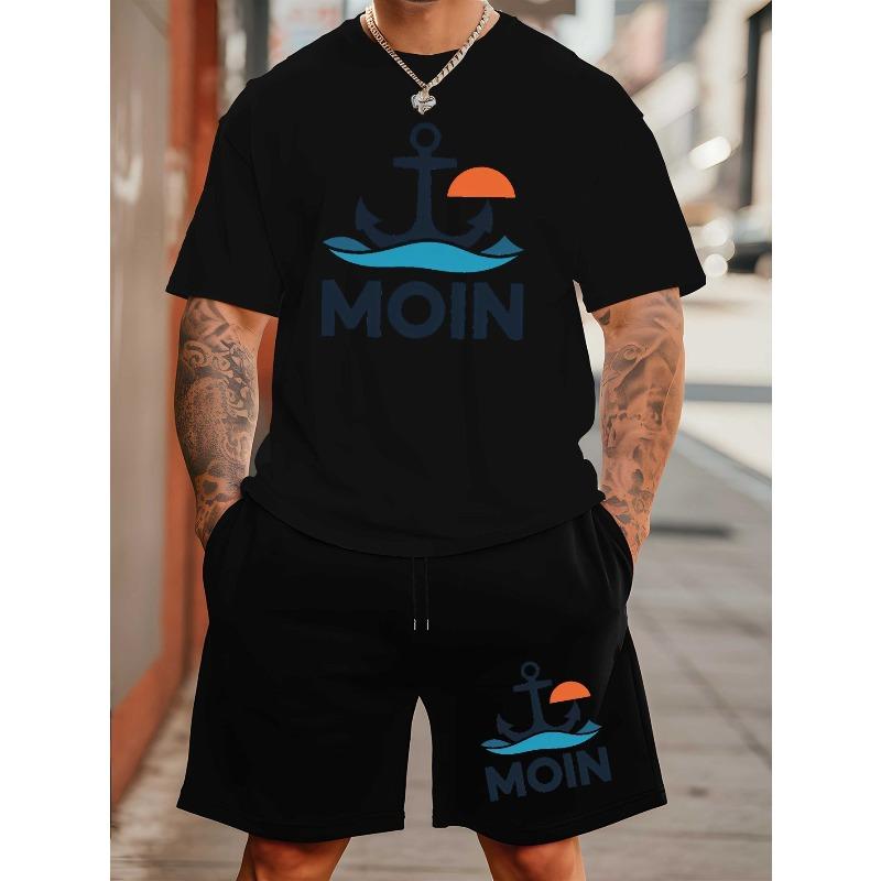 European Size Moin Men'S Plus Size Casual Short Sleeve T-Shirt - Vibrant Orange with Anchor & "MOIN" Print, Loose Fit, Breathable Summer
