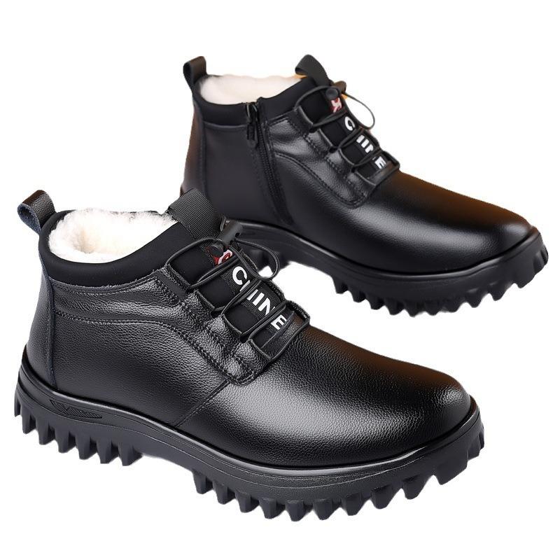 Cotton Shoes Men's Winter Warm Velvet High Waist Leather Men's Shoes Thickened Snow Boots Men's Pu Men's Business Cotton Leather Shoes