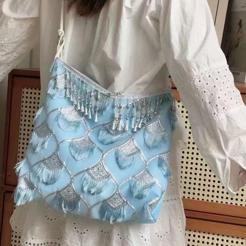 

Вместительная сумка-тоут в этническом стиле и с элементами хань, сумка через плечо светло-синий