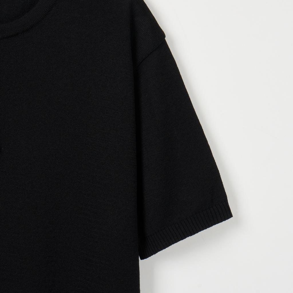 NODU Plain Henley Neck Short Sleeve Knit [Black]