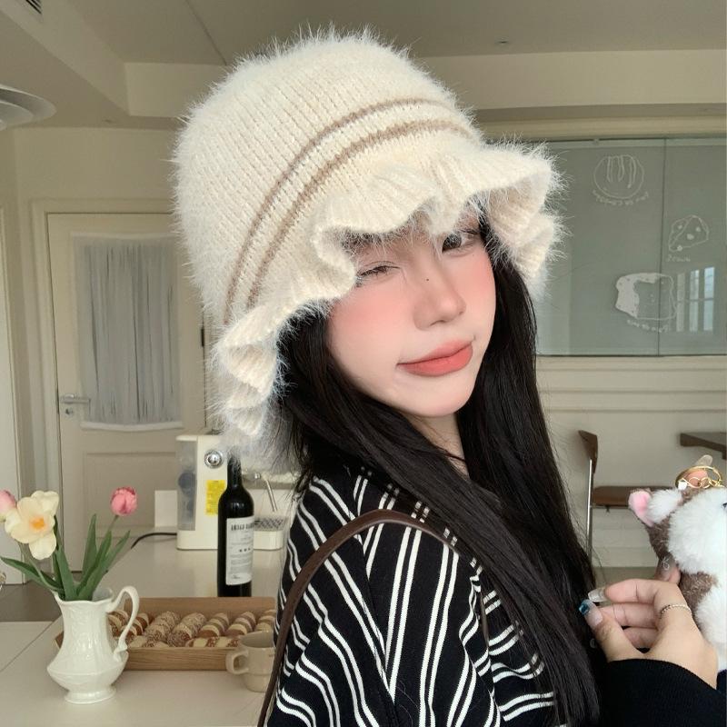 Japanese Autumn and Winter Hats for Women with Velvet Rabbit Fur Warm Hat Versatile Windproof Ear Protection Knitted Hat Lace Wool Hat