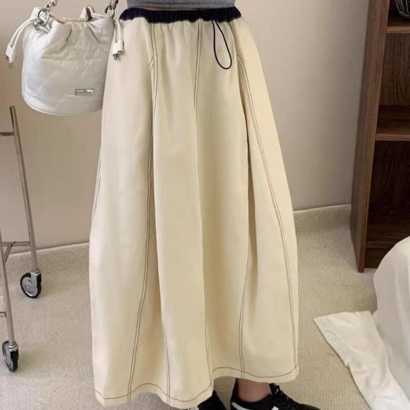 Spring Korean Style Casual High-Waist Tulip Skirt for Women - Fashion Simple Color-Block Topstitching Loose Half Skirt
