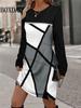 Autumn Winter Dresses Women Casual Color Block Long Sleeve Loose Dress Fashion Casual Geometric Print Dress Plus Size