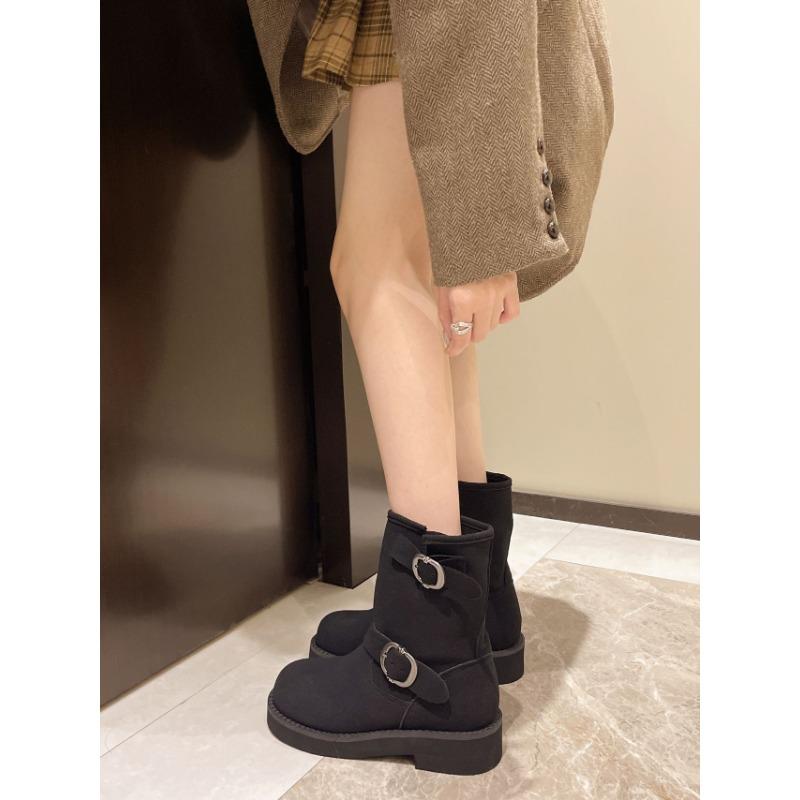 

Boots stacking boots polished retro thick heel medium tube thick-soled locomotive buckle belt short boots women s inner height increase Martin boots 35 чёрный