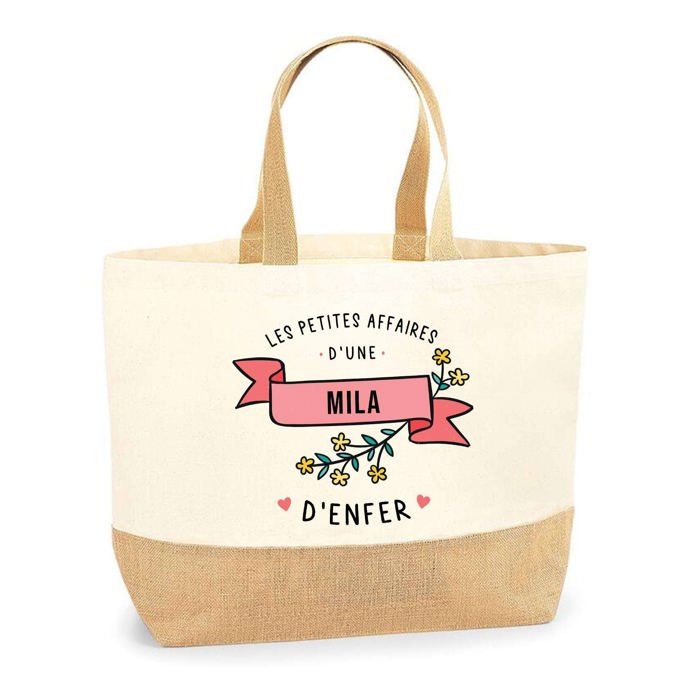 Tote bag / Sac shopping en jute - PLANETEE - Les affaires d'une Mila d'enfer - Jute naturel - Imprimé en France - Multicolore