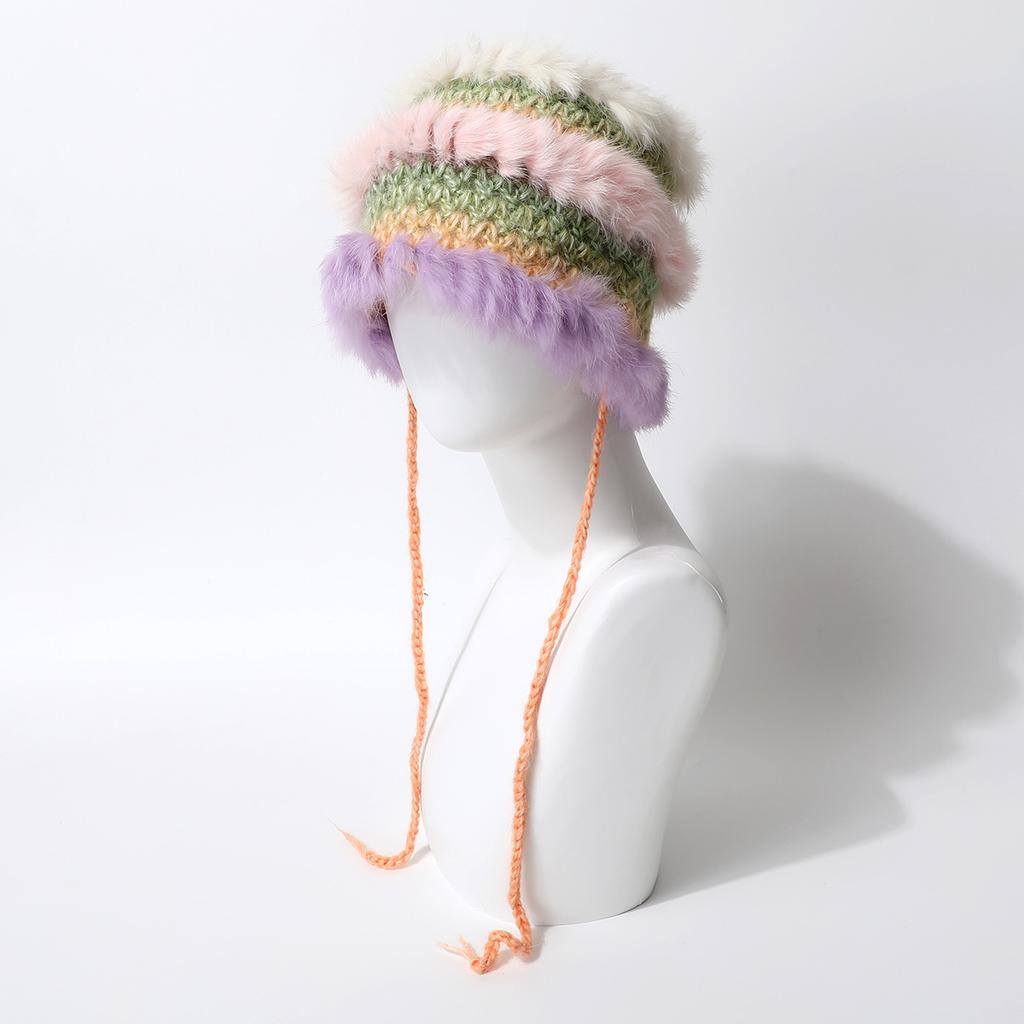 Fairy Hand-Woven Colored Rabbit Fur Knitted Hat Girl Cute Ear Protection Warm Hat Dopamine Wool Hat Tide