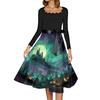 Womens Casual Vintage Halloween Print Square Neck Long Sleeve Dress with Waist Tie Retro Style Flared Skirt