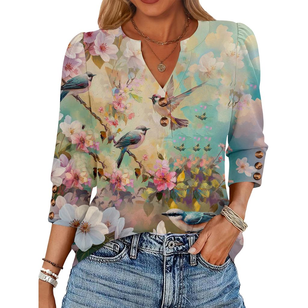 Women's Retro Printed Loose 7-inch Sleeve Top