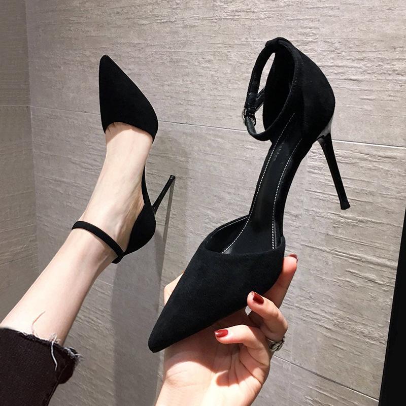 Fashion 2025 Spring and Summer New Black High-heeled Sandals French Girl Stiletto Buckle All-match Women's Pointed Toe Single Shoes