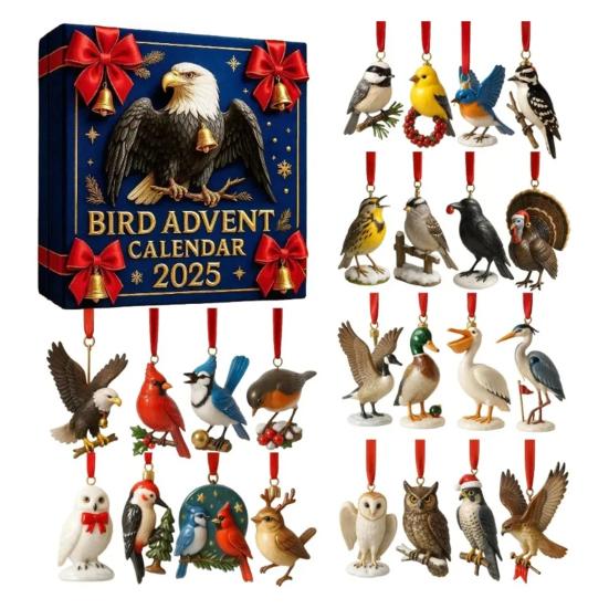2025 Bird Advent Calendar 24 Days Realistic Acrylic Bird Ornaments Christmas Countdown Decor Gift for Bird Watchers & Nature Lovers