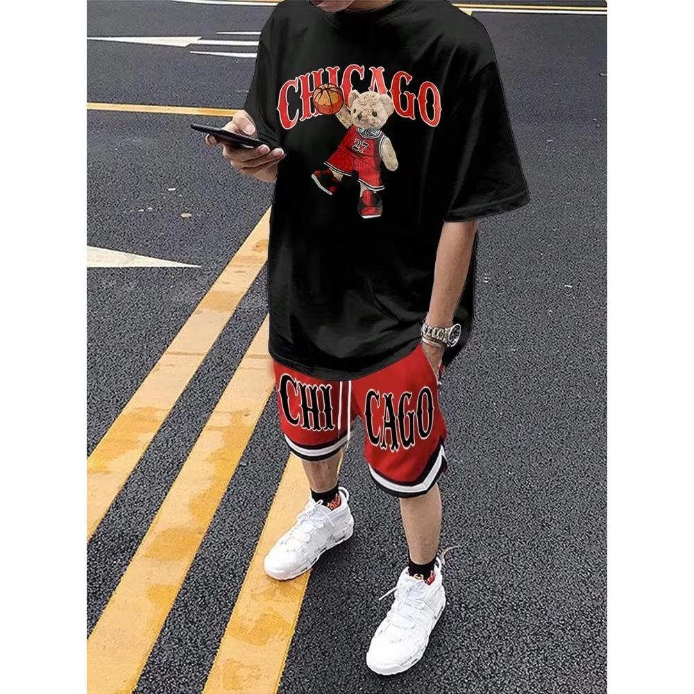 Cartoon Bear 3D Printed Men's Round Neck Short Sleeve 2-piece Set Urban Street Trendy Men's Top Outdoor Men's Drawstring Shorts