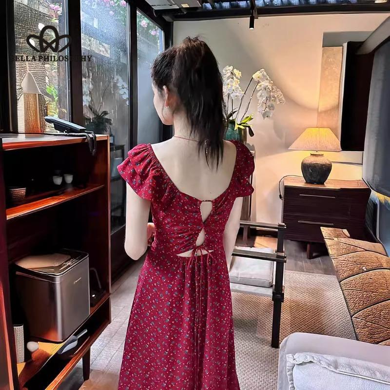 French Pure Lust Vacation Style Floral Backless Waistless Tie Fly Sleeve Long Dress Dress Long Dress Traditional Dress