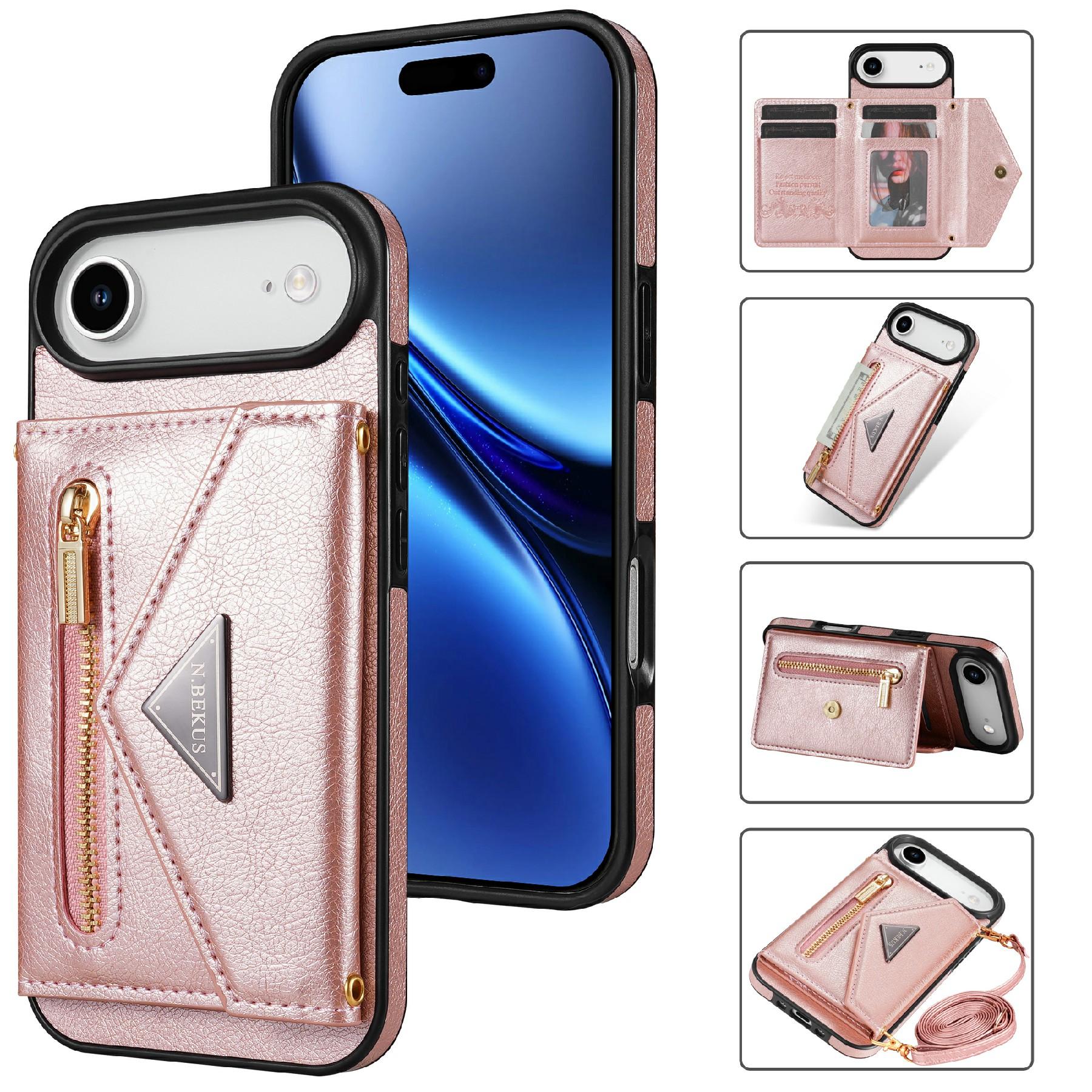

N.BEKUS For iPhone Air Leather Zipper Case Card Holder Phone Cover with Shoulder Strap