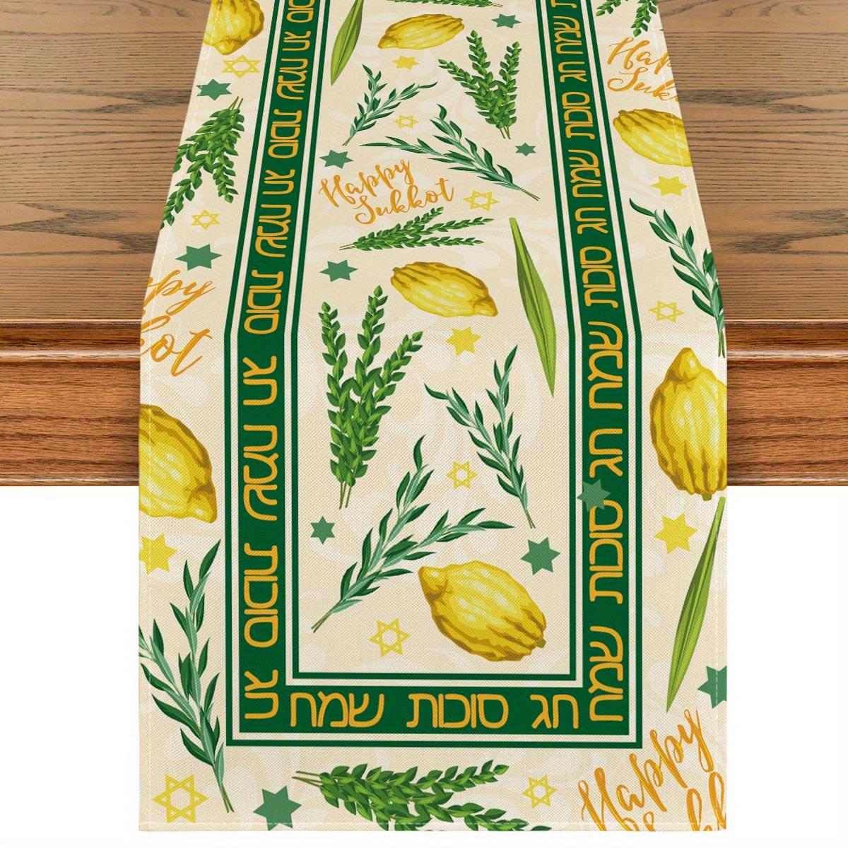 

Happy Sukkot Linen Table Runner Home Party Decor Reusable Sukkah Etrog Lulav Table Runners Holiday Kitchen Dining Table Decor 150x33cm 59x13inch