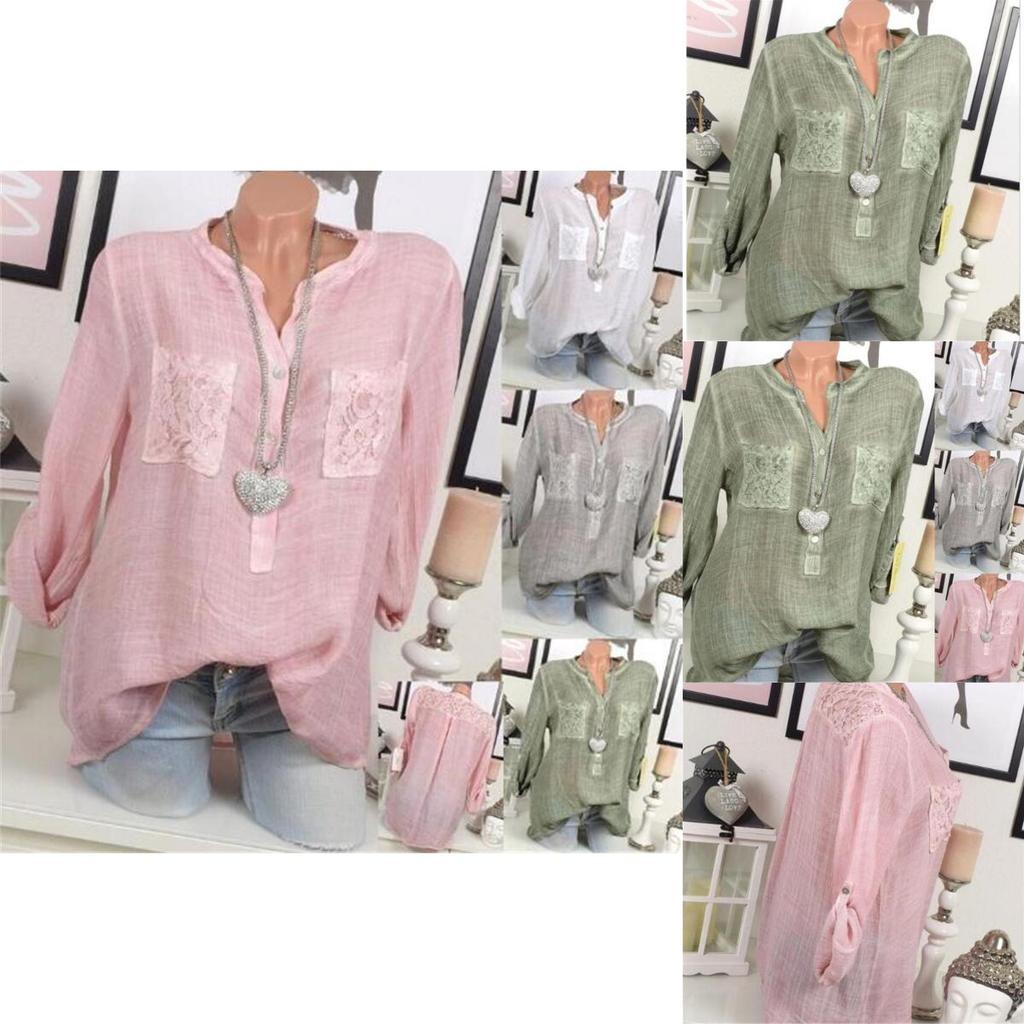 Chic Lace Shirt Autumn Women V-neck Long Blouse Loose Plus Size Sleeve S-5xl