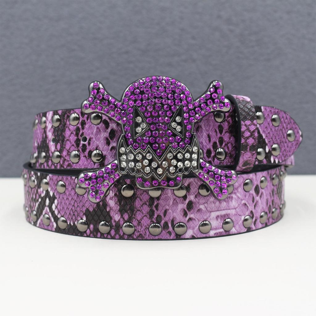 Unisex Y2K Rhinestone Skull Punk Belt with Rivet and Python Skin Design