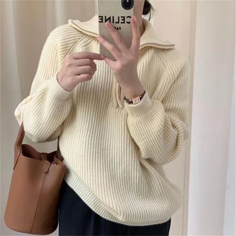 2024 Autumn/Winter Women's Zipper Pullover: Stand-Up Collar, Ribbed, Loose Knit Sweater