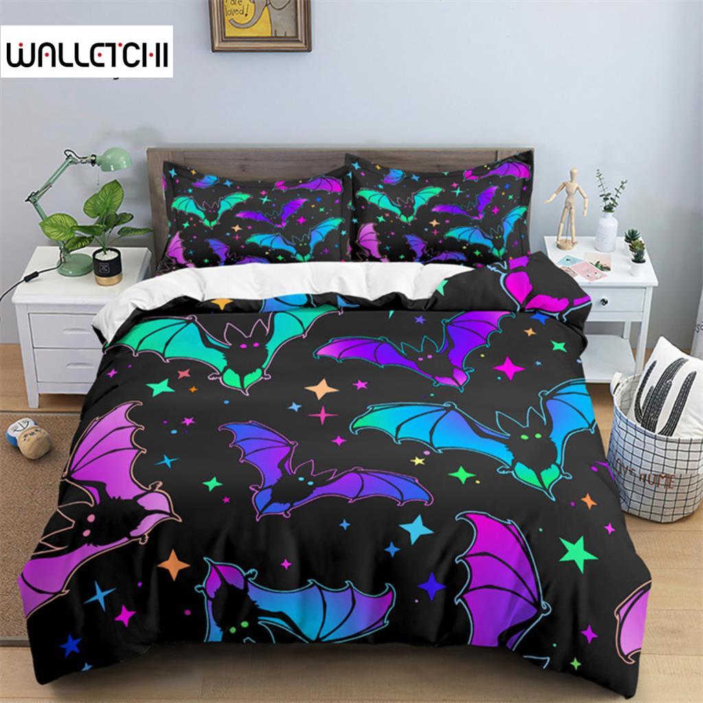 Skull Bedding Set Halloween Bats Duvet Cover King Size Microfiber Pumpkin Skeleton Print Comforter Cover With Pillowcases Decor