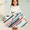 Girls White High Neck Long Sleeve Printed A Line Flared Dress With Bow Fur Trim