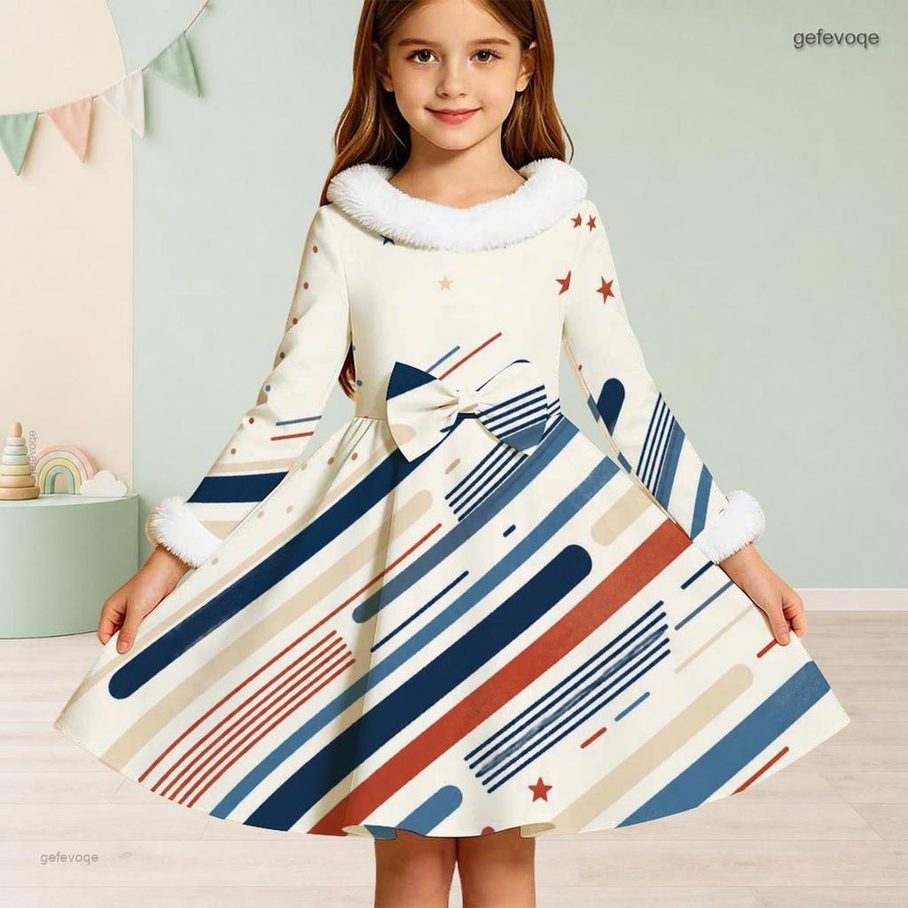 Girls White High Neck Long Sleeve Printed A Line Flared Dress With Bow Fur Trim