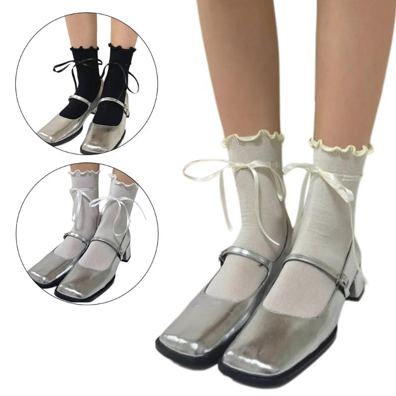 Women Girls Japanese Style JK Cute Ribbon Bowknot Ankle Socks Elegant Solid Color Middle Tube Ruffle Trim Frilly Socks