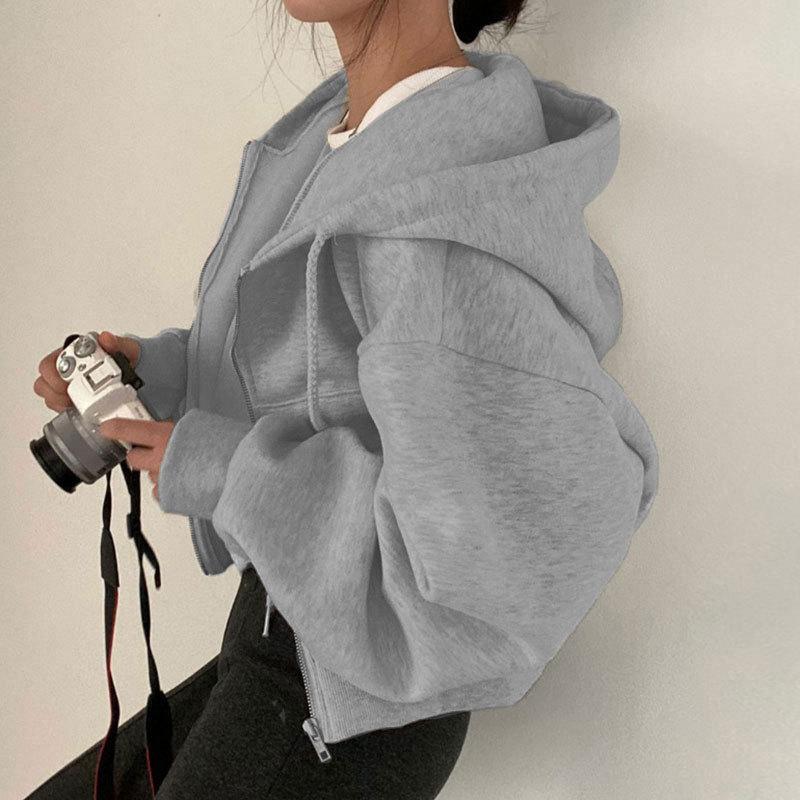 Frauen Hoodies Jacke Herbst Vintage Einfarbig Zip Up Übergroßen Sweatshirts Harajuku Koreanische Version Langarm Mit Kapuze Jacken Mantel
