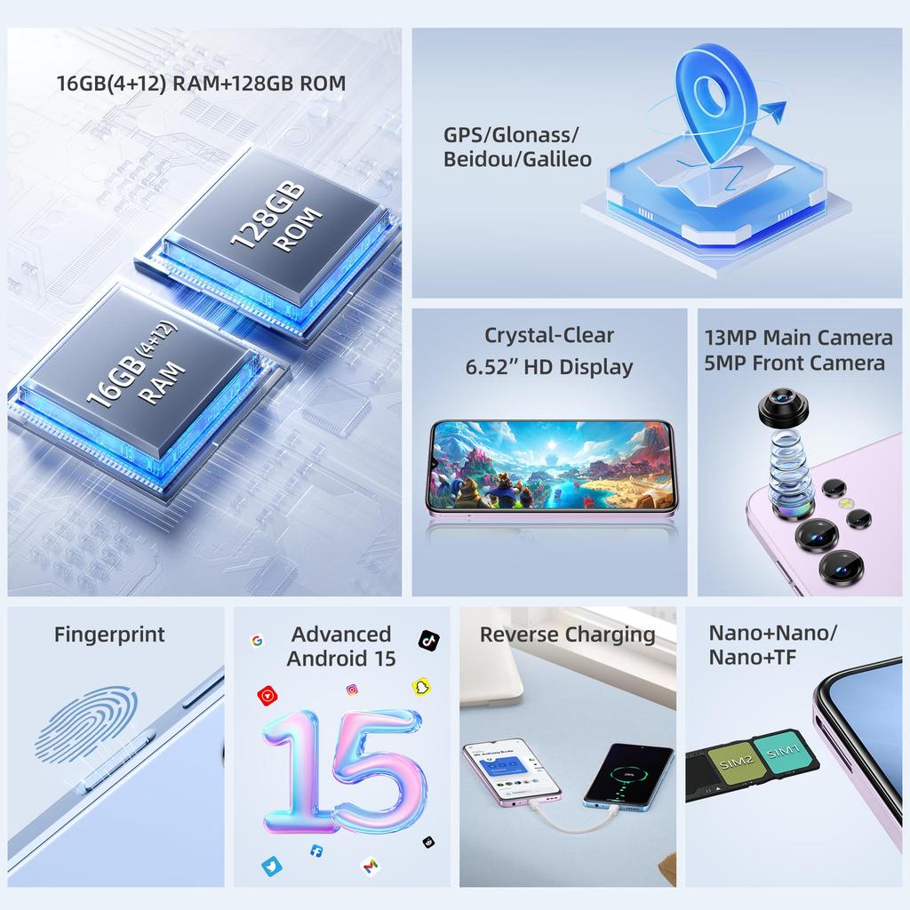 OUKITEL C1 Android 15 Smartphone, 16GB +128GB(TF 1TB) Smartphone 4G, 6.52" HD+ Screen, 5150mAh Battery, 13MP+5MP Camera