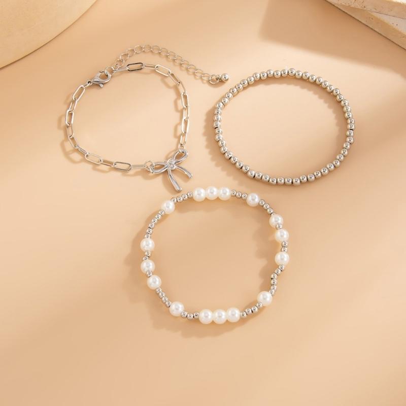 Modern Bowknot Detail Imitation Pearls Bracelet with Alloy Clasp Adjustable Chain Elegant Jewelry For Women