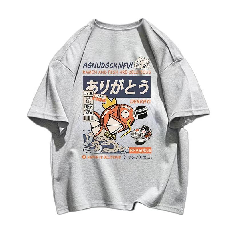 Hip Hop Streetwear Harajuku T-shirt Japanse Kanji Fish Print T-shirt  Mannen Katoen Casual Korte Mouw T-shirt Japan Stijl