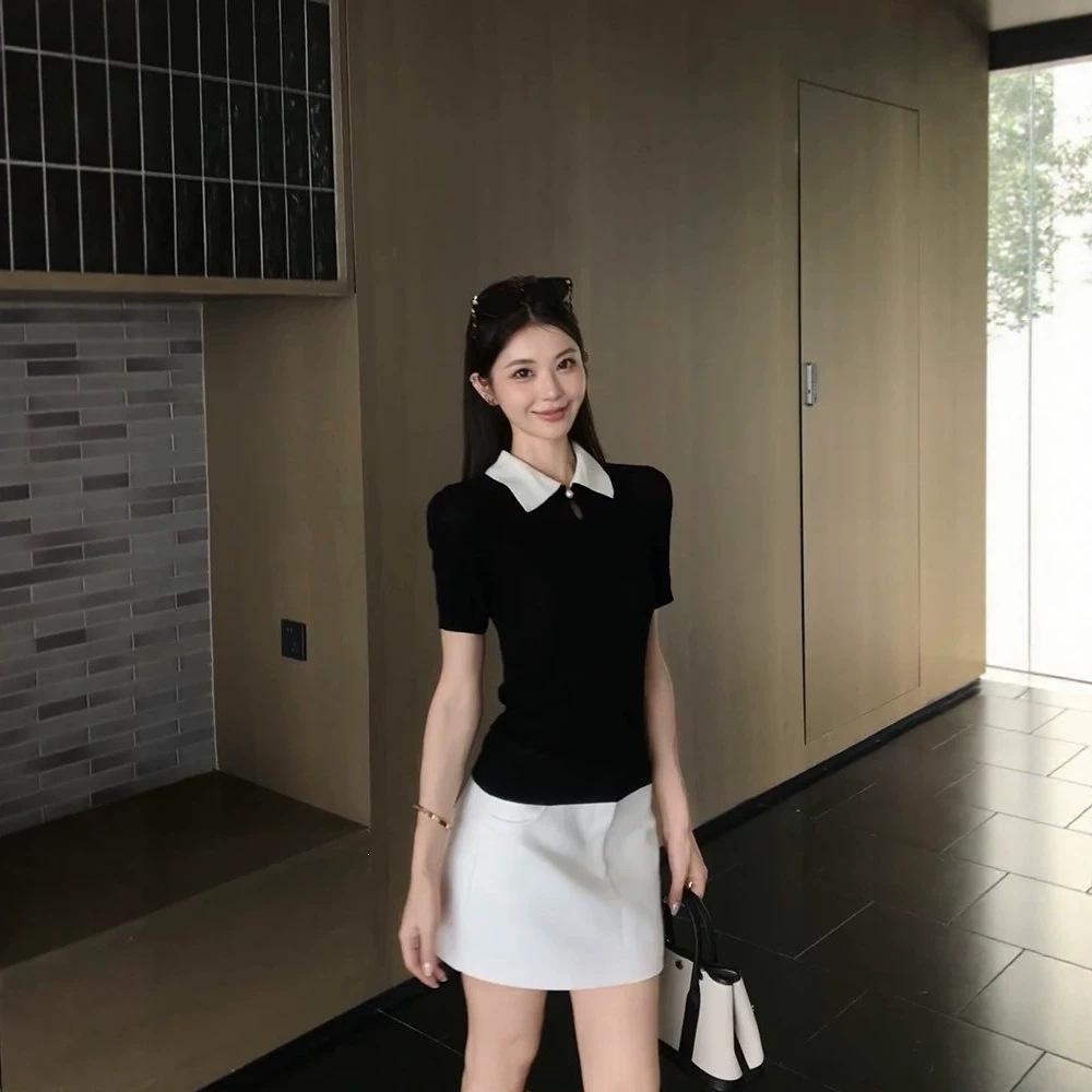 Korean contrasting color lapel neck front shoulder short-sleeved T-shirt women's summer fashion simple design slim-fitting versatile temperament top