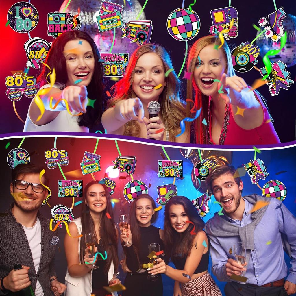 Seajan 60 Pcs Back To The 80s Party Decoration Retro 1980s Hip Hop Cutouts Radio Roller Skating Cassette Tape Cutouts Throwback Birthday Party Neon